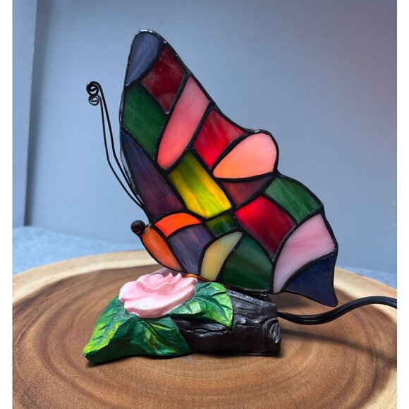 Stained Glass Butterfly Accent Lamp with Rose Base - Picture 1 of 9